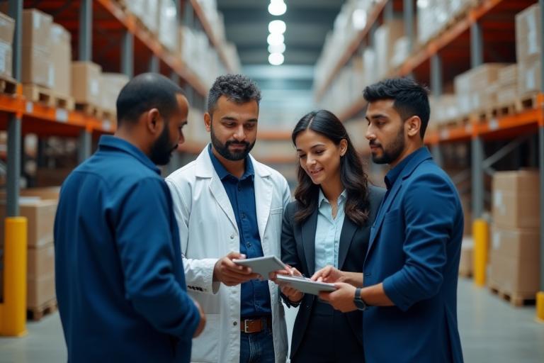 Team members working together in a modern, organized warehouse environment