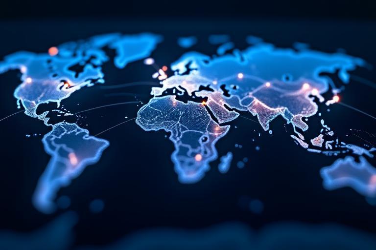 Digital representation of a global network map highlighting connectivity